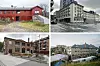 Fire bygninger vist i en collage med røde og grå fasader i et urbant miljø.