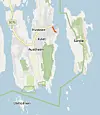 Kart over øyer og kystlinje med stedene Hvaser, Austheim, Sando og Ulvholmen.