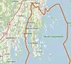 Kart over Færder nasjonalpark og øyområdene utenfor Tønsberg, med oransje grense.