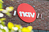 Rød NAV-logo på en teglsteinsvegg, med grønne blader og gule blomster i forgrunnen.